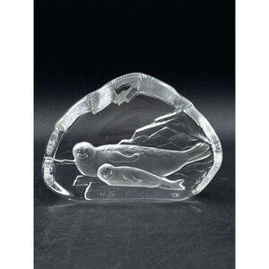 NYBRO Sweden Crystal Mother & Cub Seals Art Glass Paperweight Signed